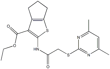 ethyl 2-({[(4,6-dimethyl-2-pyrimidinyl)sulfanyl]acetyl}amino)-5,6-dihydro-4H-cyclopenta[b]thiophene-3-carboxylate Struktur
