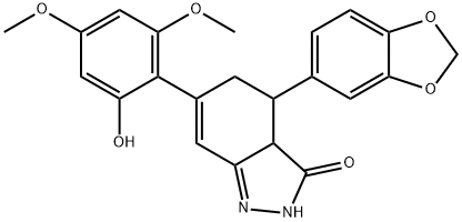 (6E)-4-benzo[1,3]dioxol-5-yl-6-(2,4-dimethoxy-6-oxo-1-cyclohexa-2,4-di enylidene)-2,3a,4,5-tetrahydro-1H-indazol-3-one Struktur