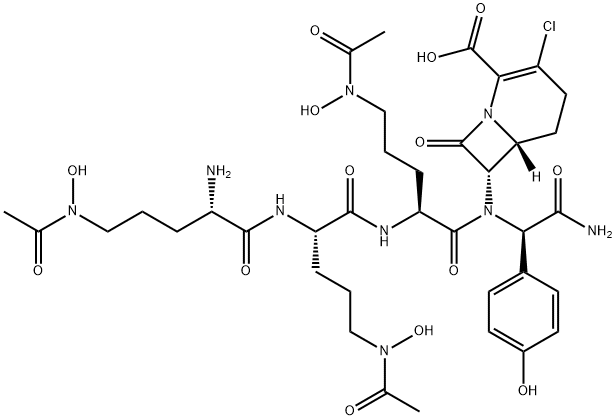 7-((N(5)acetyl-N(5)-hydroxyornithyl-N(5)acetyl-N(5)hydroxyornithyl-N(5)-acetyl-N(5)-hydroxyornithyl-4-hydroxyphenylglycyl)amino)-3-chloro-1-carba-3-cephem-4-carboxylic acid Struktur