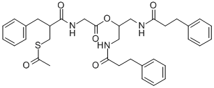 Glycine, N-(2-((acetylthio)methyl)-1-oxo-3-phenylpropyl)-, 2-((1-oxo-3 -phenylpropyl)amino)-1-(((1-oxo-3-phenylpropyl)amino)methyl)ethyl este r, (+-)- Struktur