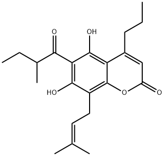 5,7-Dihydroxy-8-(3-methyl-2-butenyl)-6-(2-methyl-1-oxobutyl)-4-propyl-2H-1-benzopyran-2-one Struktur