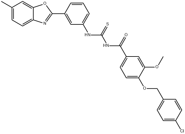 Benzamide, 4-[(4-chlorophenyl)methoxy]-3-methoxy-N-[[[3-(6-methyl-2-benzoxazolyl)phenyl]amino]thioxomethyl]- (9CI) Struktur