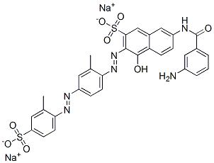 disodium 7-[(3-aminobenzoyl)amino]-4-hydroxy-3-[[2-methyl-4-[(2-methyl-4-sulphonatophenyl)azo]phenyl]azo]naphthalene-2-sulphonate Struktur