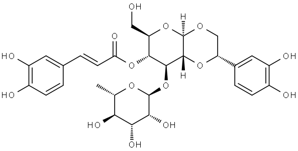 [(1R,6S,7S,8R,9R)-4-(3,4-dihydroxyphenyl)-9-(hydroxymethyl)-7-[(2S,3R,4R,5S,6S)-3,4,5-trihydroxy-6-methyl-oxan-2-yl]oxy-2,5,10-trioxabicyclo[4.4.0]dec-8-yl] (E)-3-(3,4-dihydroxyphenyl)prop-2-enoate Struktur