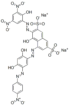 disodium 5-[[2,4-dihydroxy-5-[(4-nitrophenyl)azo]phenyl]azo]-4-hydroxy-3-[(2-hydroxy-3,5-dinitrophenyl)azo]naphthalene-2,7-disulphonate Struktur