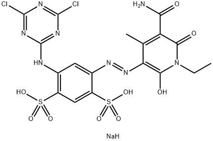disodium 4-[[5-(aminocarbonyl)-1-ethyl-1,6-dihydro-2-hydroxy-4-methyl-6-oxo-3-pyridyl]azo]-6-[(4,6-dichloro-1,3,5-triazin-2-yl)amino]benzene-1,3-disulphonate Struktur