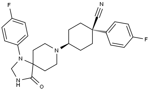 cis-1-(4-fluorophenyl)-4-[1-(4-fluorophenyl)-4-oxo-1,3,8-triazaspiro[4.5]dec-8-yl]cyclohexanecarbonitrile Struktur