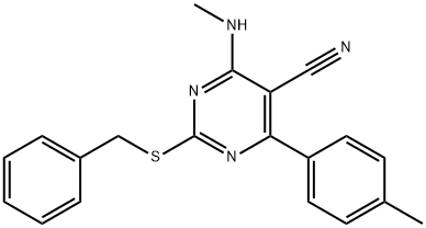 2-(benzylsulfanyl)-4-(methylamino)-6-(4-methylphenyl)-5-pyrimidinecarbonitrile Struktur