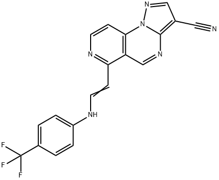 6-(2-[4-(TRIFLUOROMETHYL)ANILINO]VINYL)PYRAZOLO[1,5-A]PYRIDO[3,4-E]PYRIMIDINE-3-CARBONITRILE Struktur