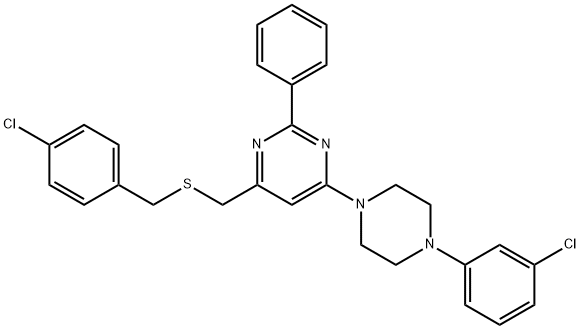 4-([(4-CHLOROBENZYL)SULFANYL]METHYL)-6-[4-(3-CHLOROPHENYL)PIPERAZINO]-2-PHENYLPYRIMIDINE Struktur