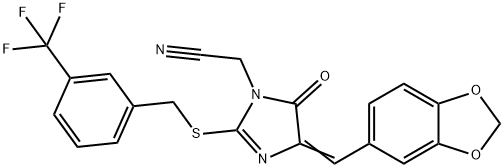 2-(4-[(E)-1,3-BENZODIOXOL-5-YLMETHYLIDENE]-5-OXO-2-([3-(TRIFLUOROMETHYL)BENZYL]SULFANYL)-4,5-DIHYDRO-1H-IMIDAZOL-1-YL)ACETONITRILE Struktur