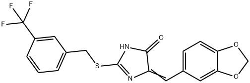 5-[(E)-1,3-BENZODIOXOL-5-YLMETHYLIDENE]-2-([3-(TRIFLUOROMETHYL)BENZYL]SULFANYL)-3,5-DIHYDRO-4H-IMIDAZOL-4-ONE Struktur
