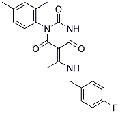 (5E)-1-(2,4-DIMETHYLPHENYL)-5-{1-[(4-FLUOROBENZYL)AMINO]ETHYLIDENE}PYRIMIDINE-2,4,6(1H,3H,5H)-TRIONE Struktur
