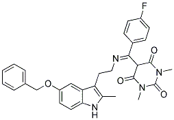 (E)-5-((2-(5-(BENZYLOXY)-2-METHYL-1H-INDOL-3-YL)ETHYLIMINO)(4-FLUOROPHENYL)METHYL)-1,3-DIMETHYLPYRIMIDINE-2,4,6(1H,3H,5H)-TRIONE Struktur