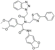 2-(2-(1H-BENZO[D][1,2,3]TRIAZOL-1-YL)-N-((4-PHENYLTHIAZOL-2-YL)METHYL)ACETAMIDO)-N-(BENZO[D][1,3]DIOXOL-5-YL)-2-(3,4-DIMETHOXYPHENYL)ACETAMIDE Struktur
