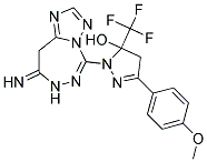 1-(8-IMINO-8,9-DIHYDRO-7H-[1,2,4]TRIAZOLO[1,5-D][1,2,4]TRIAZEPIN-5-YL)-3-(4-METHOXYPHENYL)-5-(TRIFLUOROMETHYL)-4,5-DIHYDRO-1H-PYRAZOL-5-OL Struktur