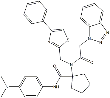 1-(2-(1H-BENZO[D][1,2,3]TRIAZOL-1-YL)-N-((4-PHENYLTHIAZOL-2-YL)METHYL)ACETAMIDO)-N-(4-(DIMETHYLAMINO)PHENYL)CYCLOPENTANECARBOXAMIDE Struktur