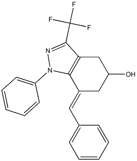 7-(E)-BENZYLIDENE-4,5,6,7-TETRAHYDRO-5-HYDROXY-1-PHENYL-3-TRIFLUOROMETHYL-1H-INDAZOLE Struktur