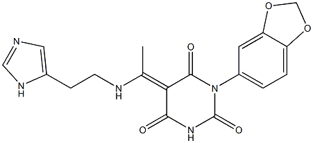 (5E)-1-(1,3-BENZODIOXOL-5-YL)-5-(1-{[2-(1H-IMIDAZOL-5-YL)ETHYL]AMINO}ETHYLIDENE)PYRIMIDINE-2,4,6(1H,3H,5H)-TRIONE Struktur