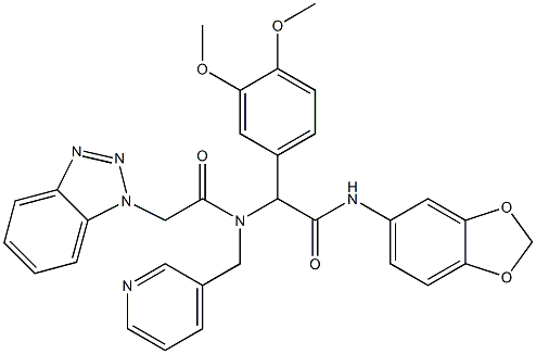 2-(2-(1H-BENZO[D][1,2,3]TRIAZOL-1-YL)-N-(PYRIDIN-3-YLMETHYL)ACETAMIDO)-N-(BENZO[D][1,3]DIOXOL-5-YL)-2-(3,4-DIMETHOXYPHENYL)ACETAMIDE Struktur