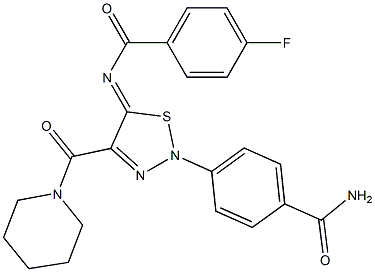 4-[5-[(4-FLUOROBENZOYL)IMINO]-4-(1-PIPERIDINYLCARBONYL)-1,2,3-THIADIAZOL-2-YL]BENZAMIDE Struktur