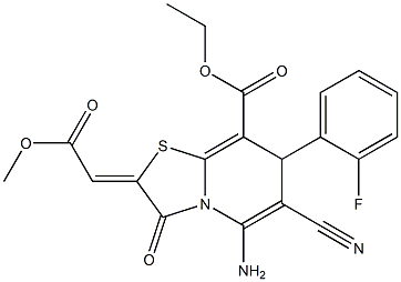 ETHYL 5-AMINO-6-CYANO-7-(2-FLUOROPHENYL)-2-[(Z)-2-METHOXY-2-OXOETHYLIDENE]-3-OXO-7H-[1,3]THIAZOLO[3,2-A]PYRIDINE-8(3H)-CARBOXYLATE Struktur